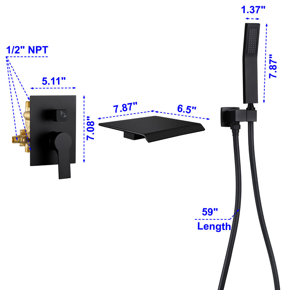 Wellfor Shower Faucet Set, Waterfall Tub Spout and Hand Shower, Black