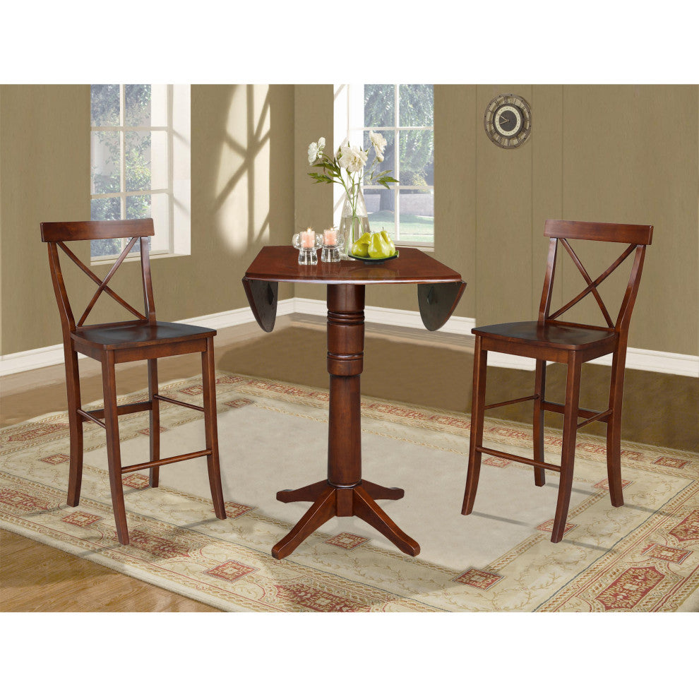 42" Round Pedestal Bar Height Table with Two Bar Height Stools, Espresso