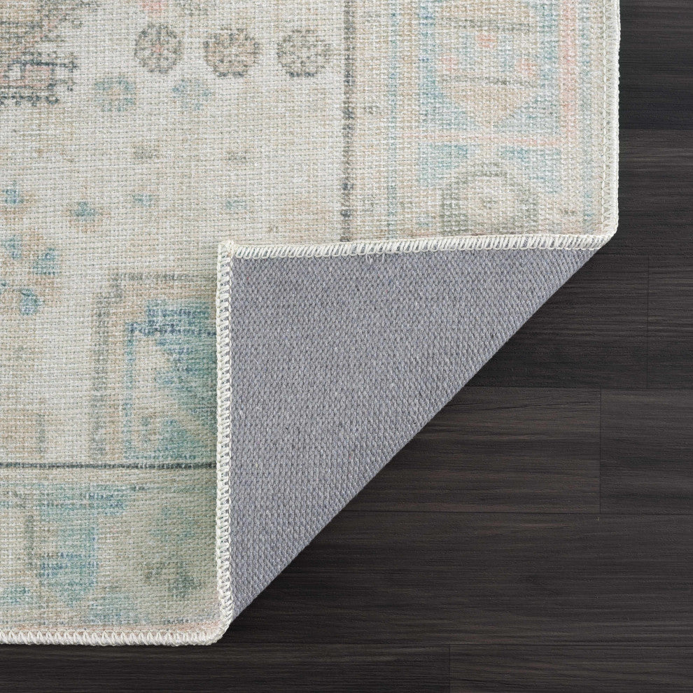 Hauteloom Light Brown and Blue Baloy Washable Area Rug, 6'7"x9' Rectangle