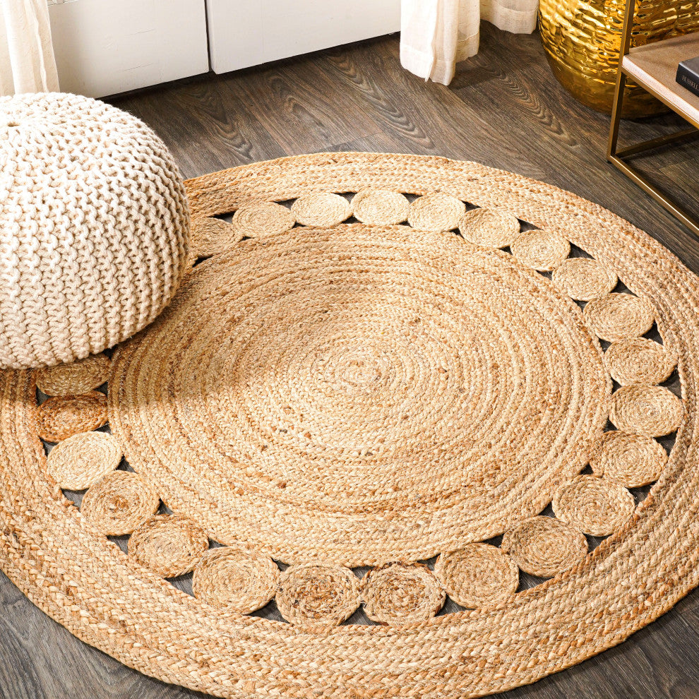 Dahlia Round Natural Jute Boho Circle Round Area Rug, Natural, 4' Round