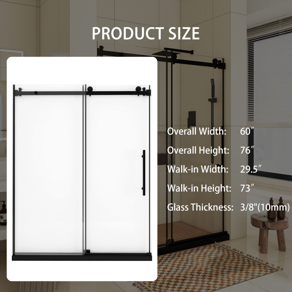 60" W x 76" H Frameless Single Sliding Shower Doors, Matt Black
