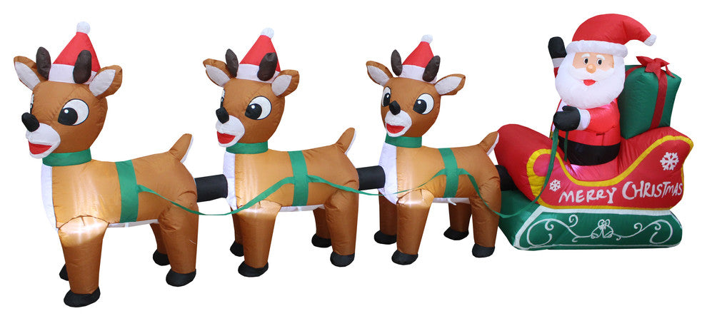 Christmas Inflatable Santa Claus on Sleigh Three Reindeer Decoration, 8' Long