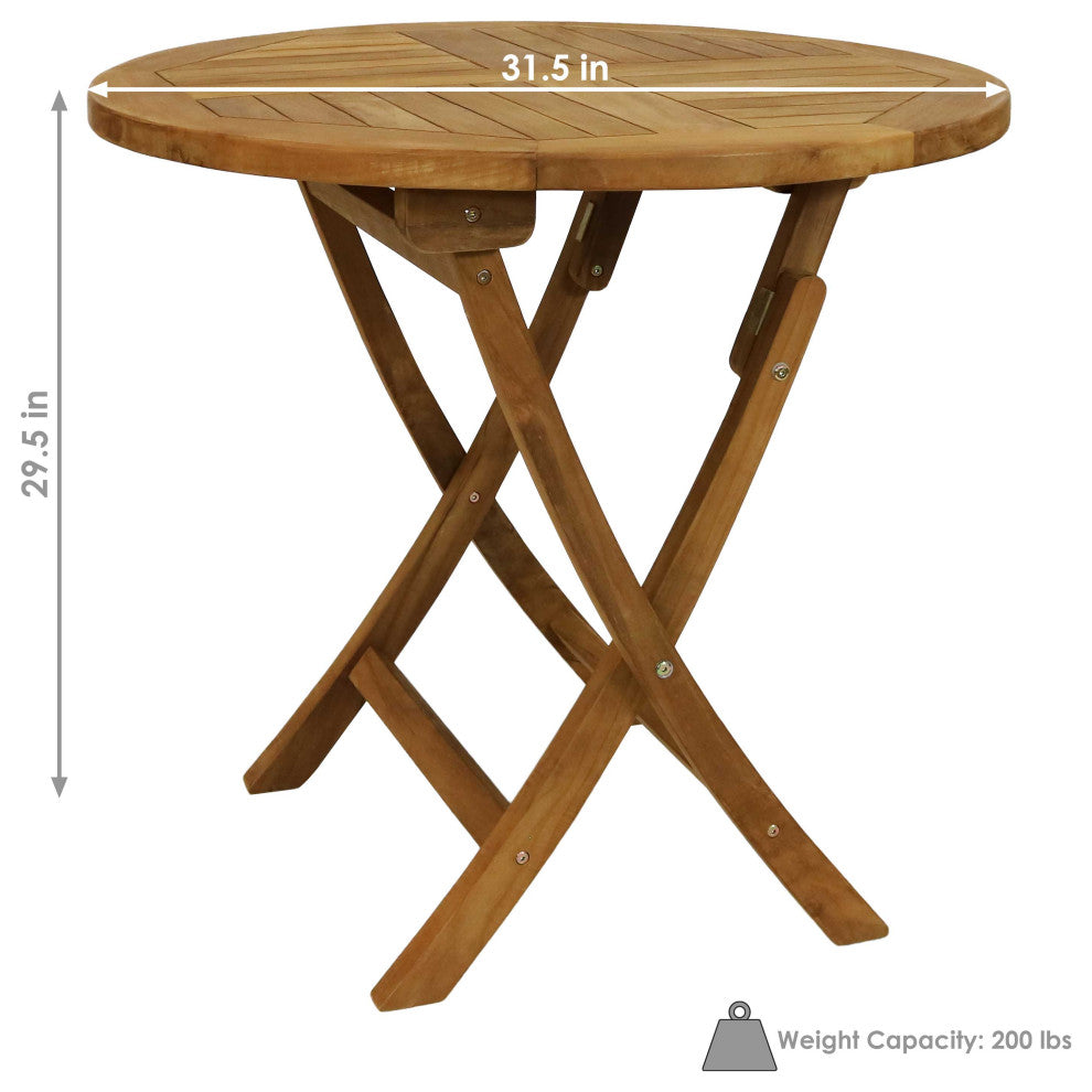 Sunnydaze Folding Round Teak Outdoor Patio Table, 31" Dining Table