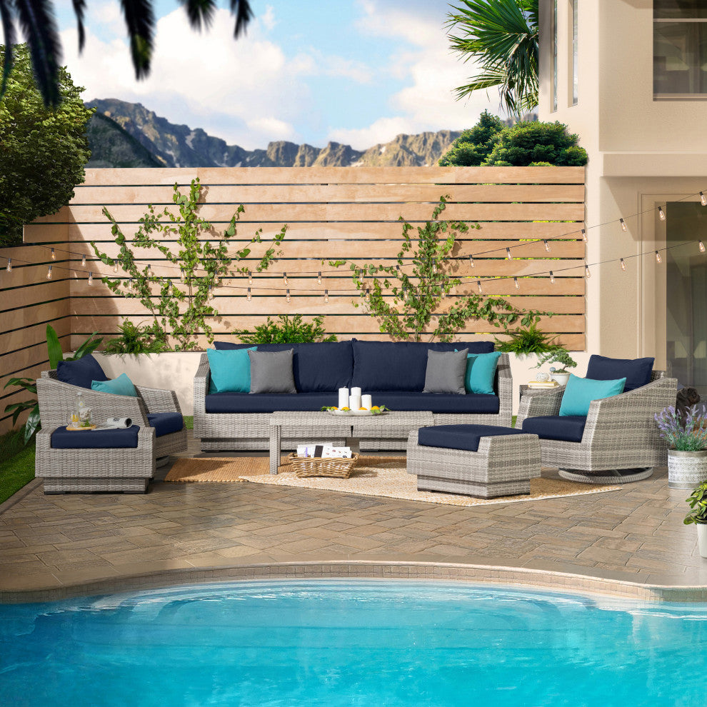 Cannes Deluxe 8 Piece Aluminum Outdoor Patio Sofa and Club Chair Set, Blue
