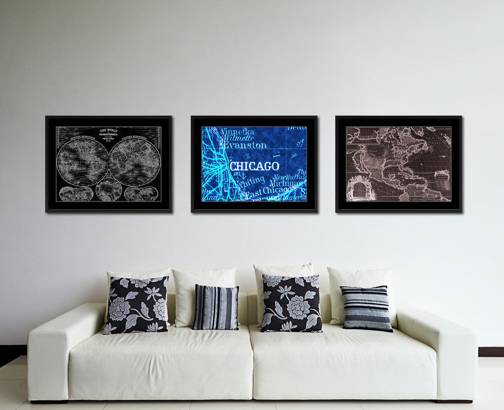 Chicago, Illinois Vivid Map Print On Canvas With Black Frame, 28" X 37"