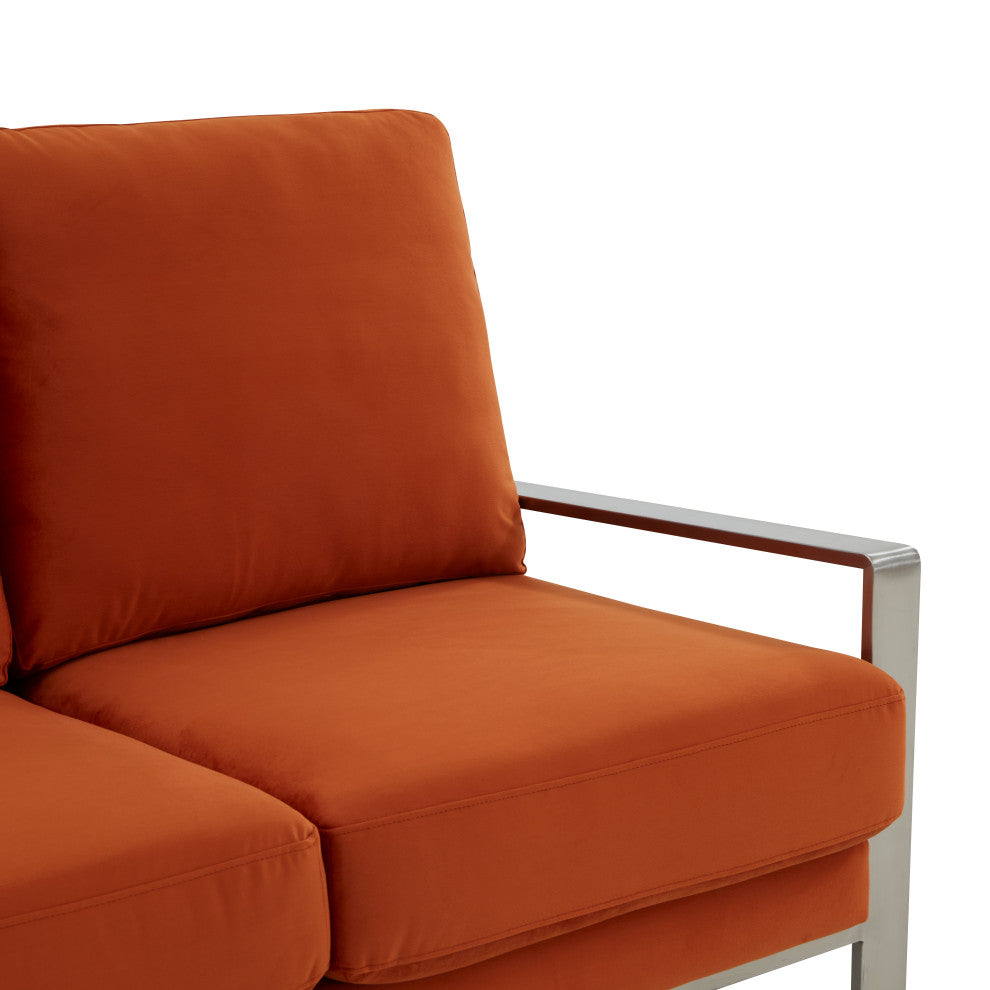 LeisureMod Jefferson Modern Design Velvet Sofa With Silver Frame, Orange