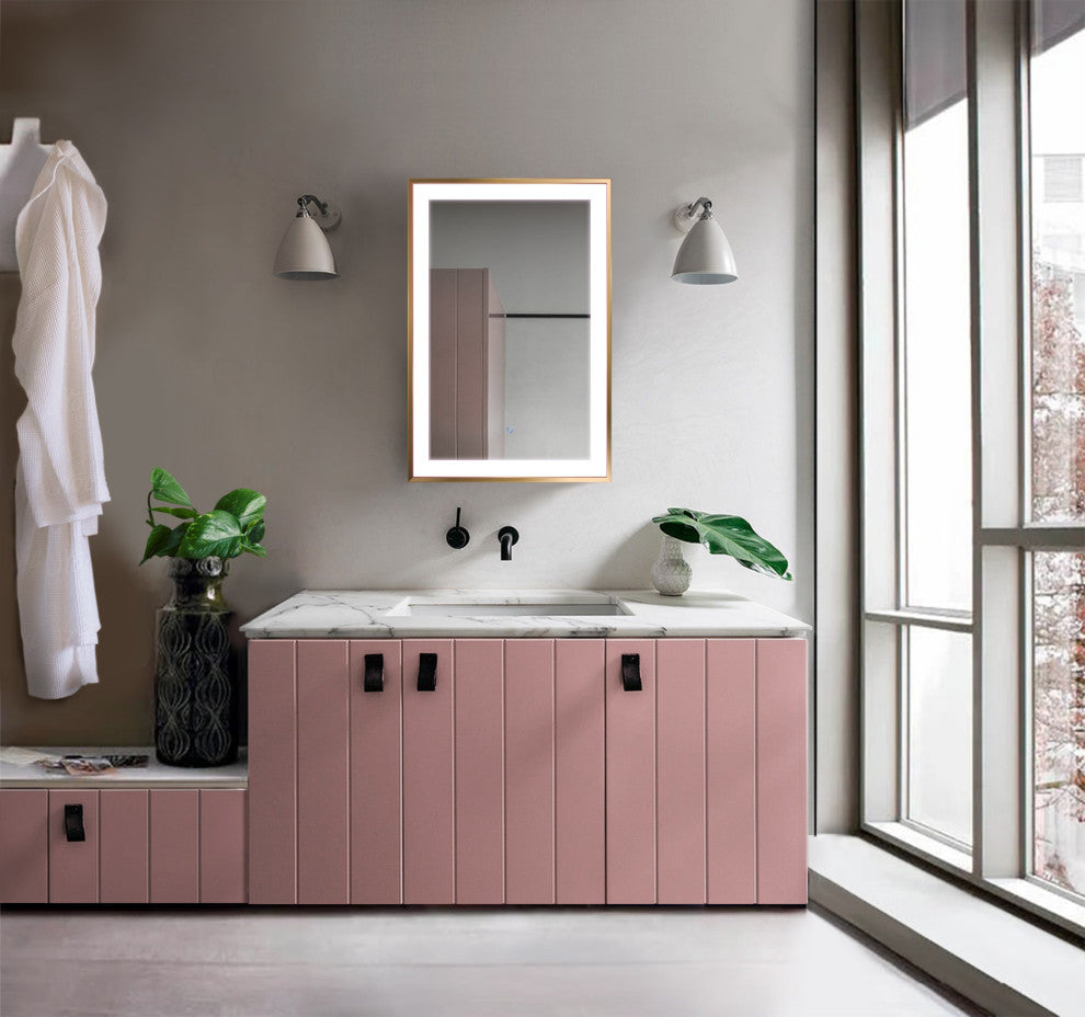 LED Lighted Bathroom Frame Mirror With Defogger, Gold, 24"x36"