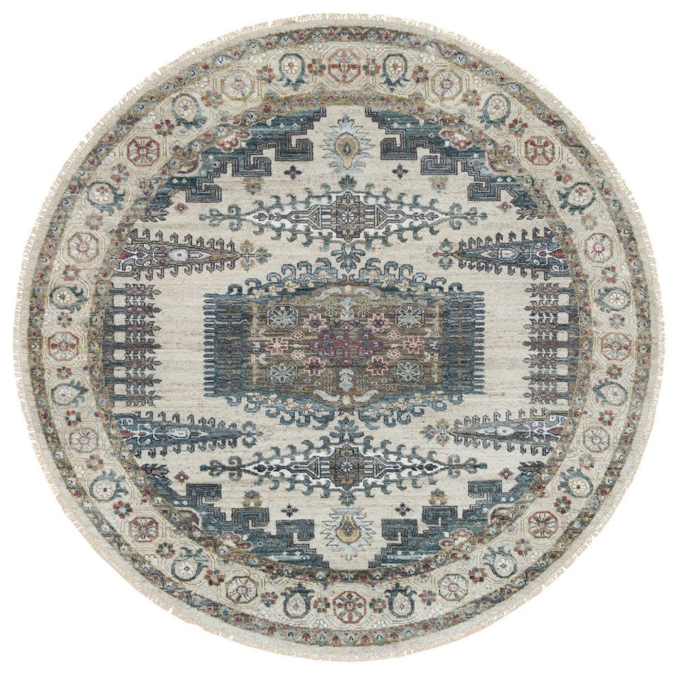 Alabaster Ivory Wool Reimagined Viss Design Hand Knotted Round Rug, 8'x8'