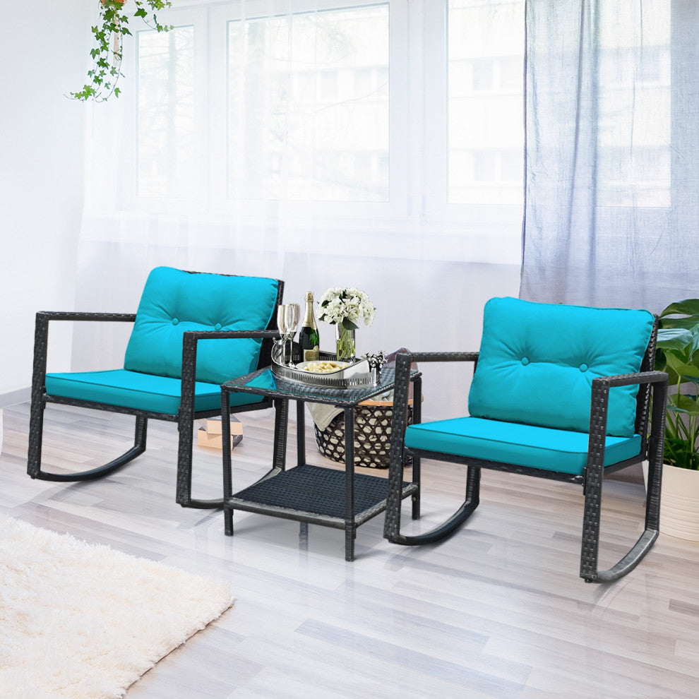 Costway 3pcs Patio Rattan Furniture Set Rocking Chairs Cushioned Blue