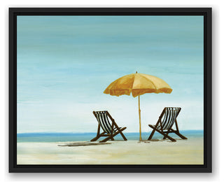Beach Chairs Under Yellow Umbrella 16x20 Black Floating Framed Canvas