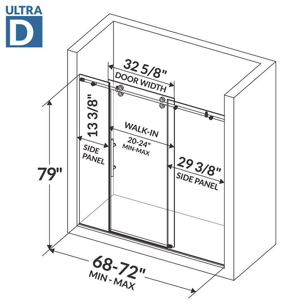 LessCare ULTRA-D Clear Glass Shower Door Brushed Nickel Finish, 68-72"x79"