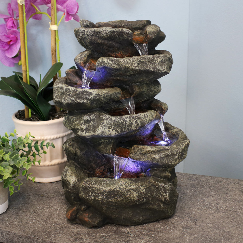 Sunnydaze 6 Tier Stone Falls Tabletop Indoor Water Fountain With LED, 15"