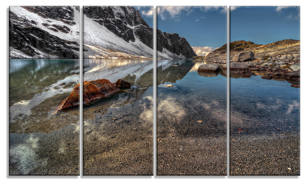 Sapphire Mountain Lake View, Landscape Canvas Art Print, 48"x28", 4 Panels