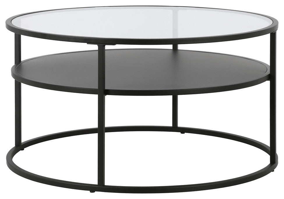 32" Black Glass And Steel Round Coffee Table With Shelf
