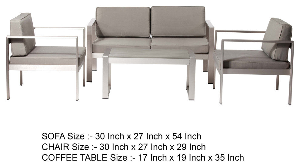 Benzara BM287850 Piece Outdoor Sofa, Chairs and Table Set, Sleek Silver Aluminum