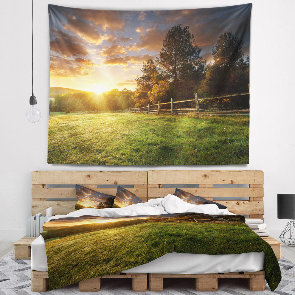 Fenced Ranch at Sunrise Landscape Wall Tapestry, 39"x32"