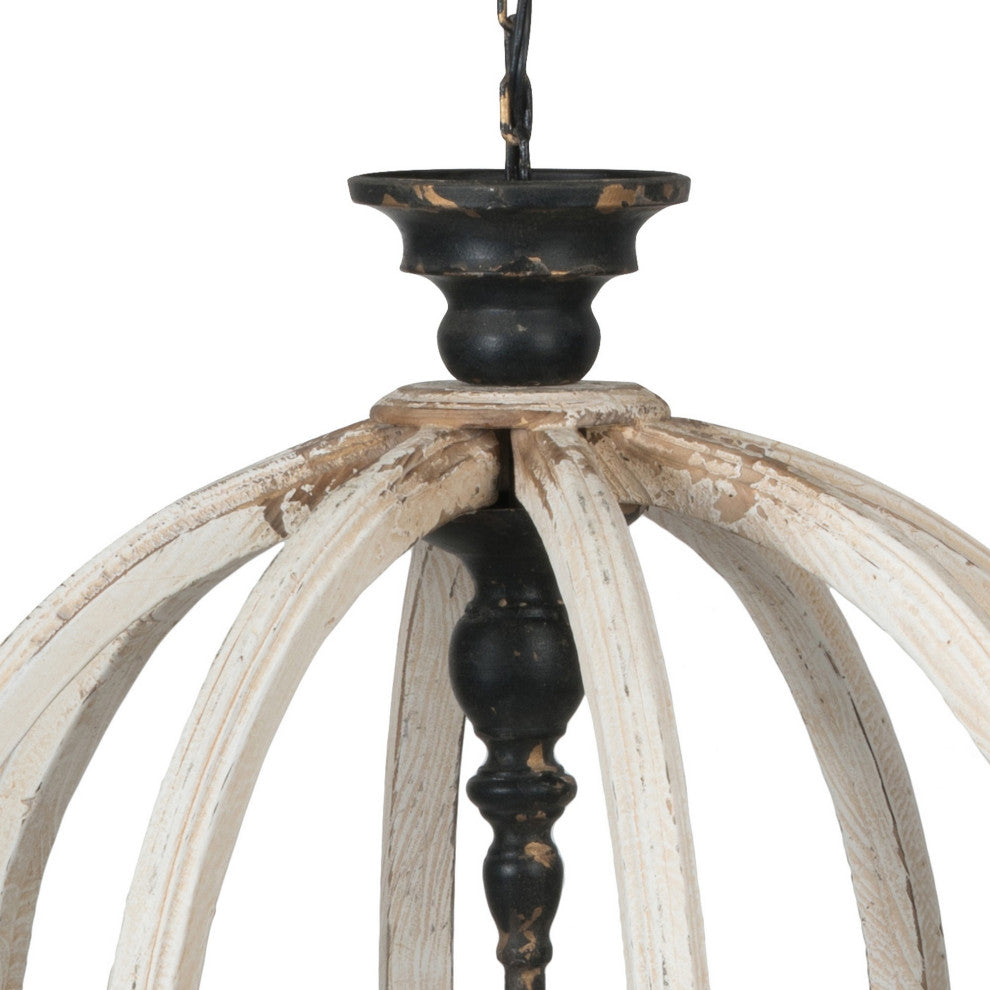 Benzara BM285024 4 Light Chandelier, Round Fir Wood Frame, Iron, White Black