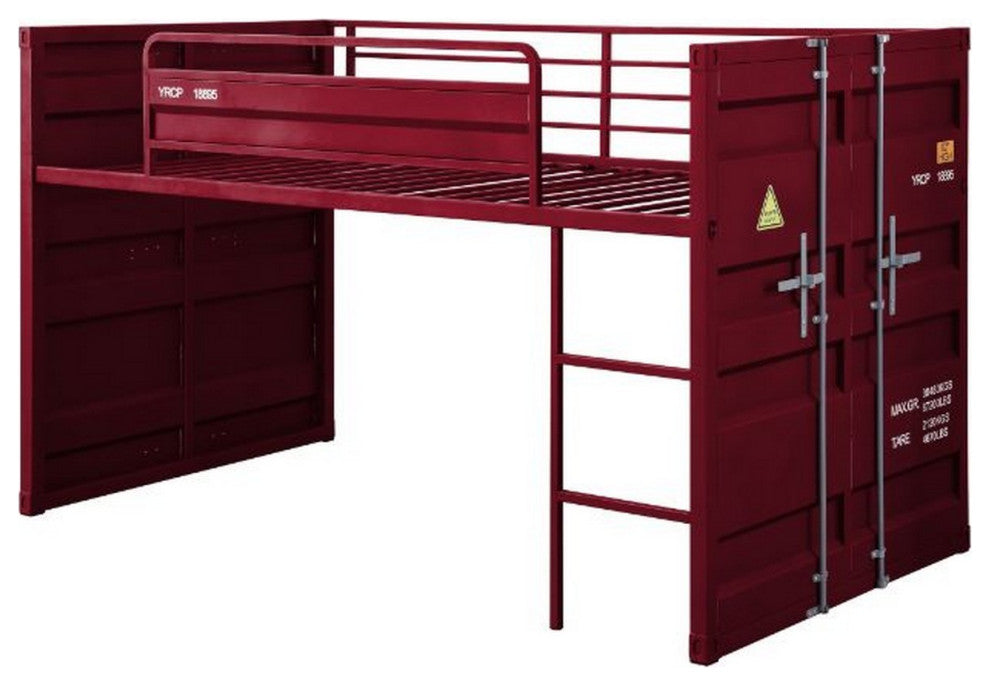 Benzara BM261728 Twin Loft Bed With Metal Frame and Slide, Red