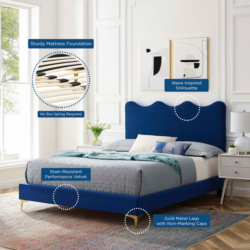 Platform Bed Frame, King Size, Blue Navy, Velvet, Modern, Bedroom Guest Suite