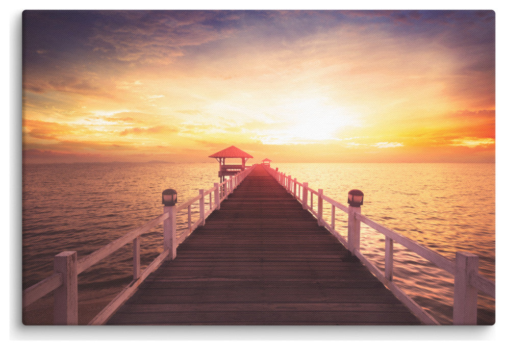 Surreal Wooden Pier at Sunset Landscape Photo Canvas Wall Art Prints, 24" X 36"