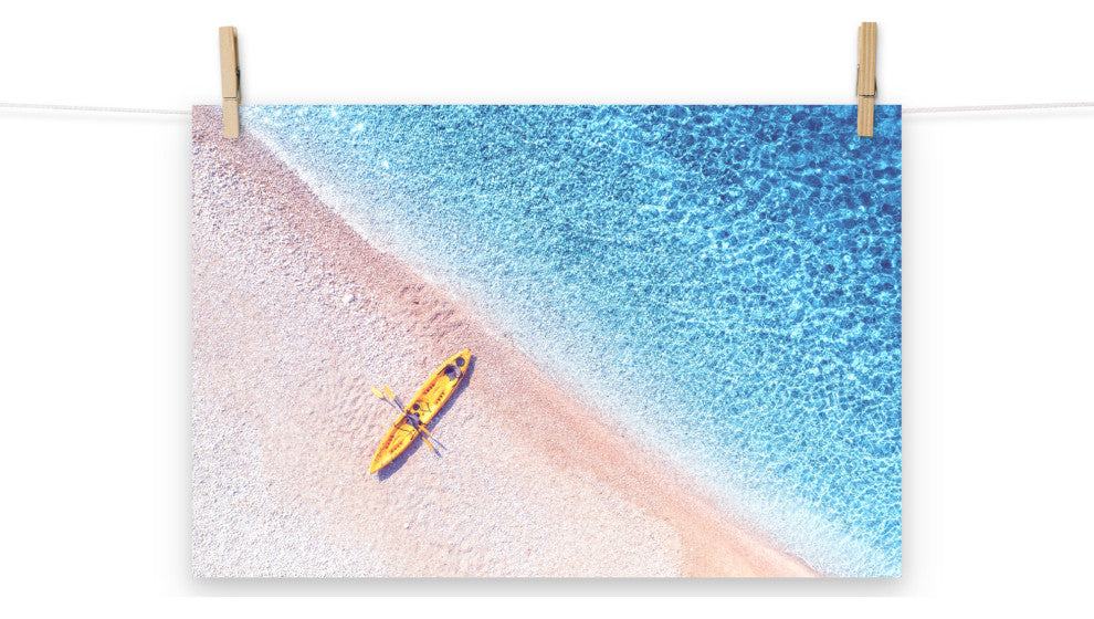 Yellow Canoe and Blue Sea by with Violet Glow Landscape Photo Loose Art Print, 12" X 18"