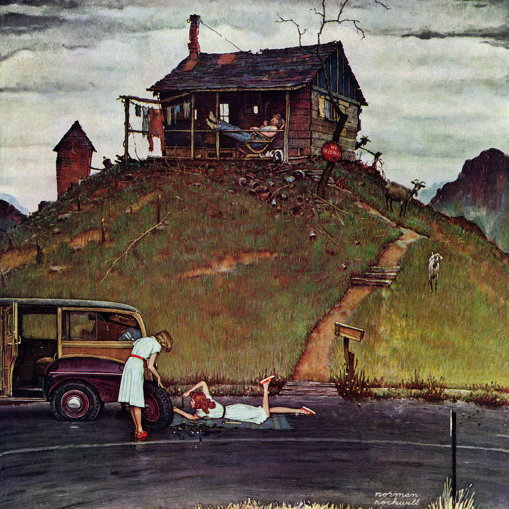 "Changing a Flat" Painting Print on Canvas by Norman Rockwell