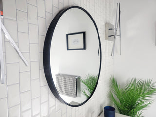 Round Black Metal Framed Wall Mirror, 27.6" X 27.6" Dia.