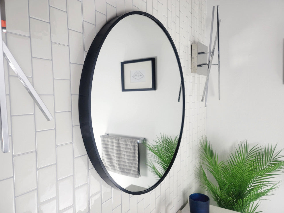 Round Black Metal Framed Wall Mirror, 27.6" X 27.6" Dia.