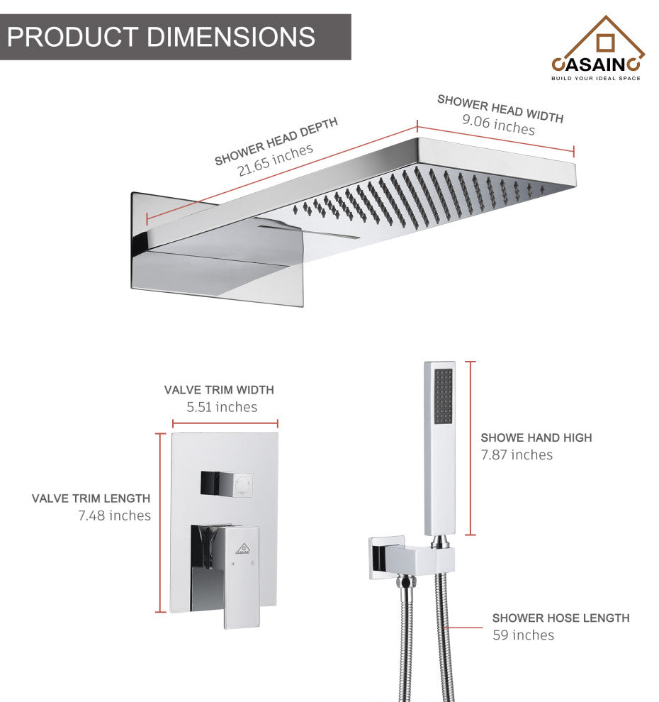 CASAINC 22" Wall Mounted Luxury Waterfall Shower System w Handheld Spray, Chrome