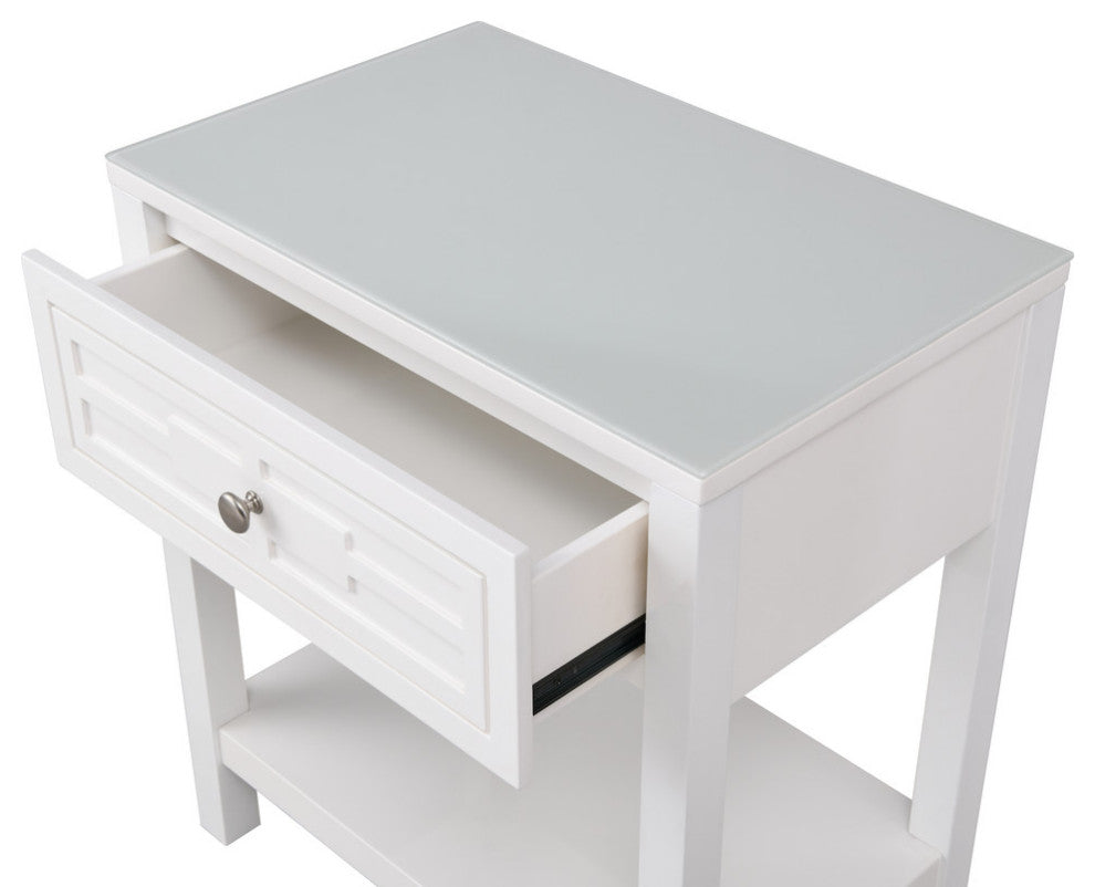 Dylan Wooden End Side Table Nightstand With Glass Top and Drawer, White