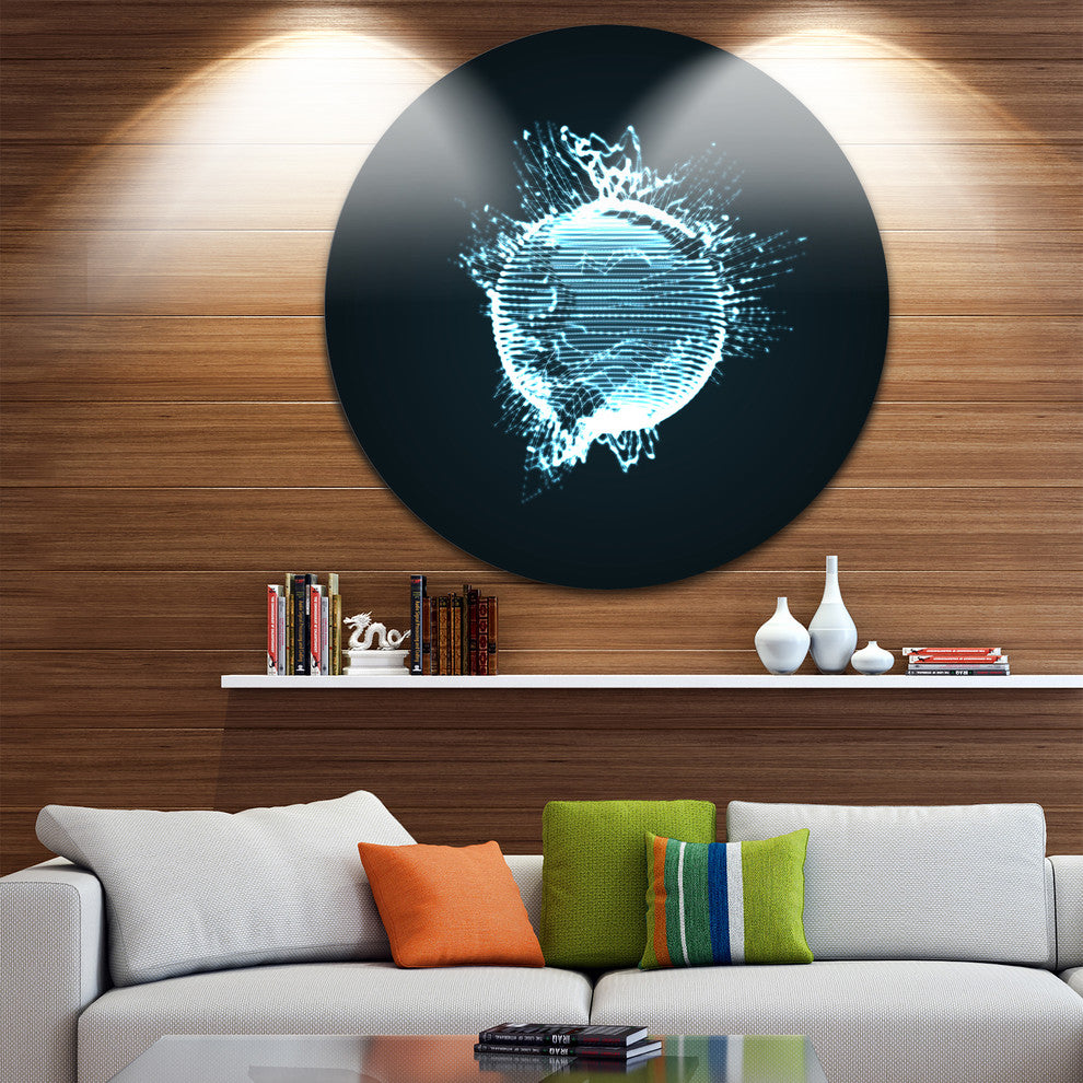 Glowing Blue 3D Sphere, Abstract Digital Art Disc Metal Artwork, 23"