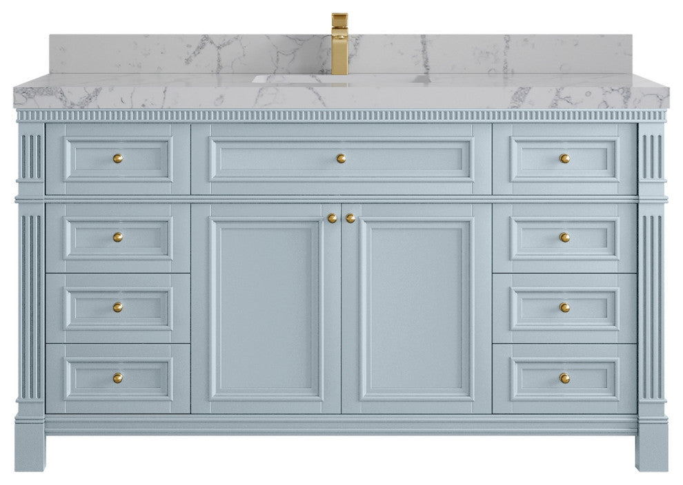Paris 60" Single Sink Bathroom Vanity, Blue Heather 2" Venatino Quartz