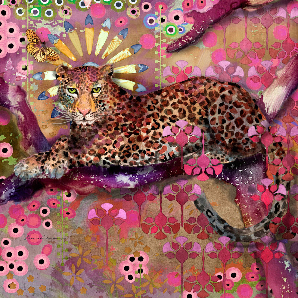 "Leopard and Butterfly" Painting Print on Wrapped Canvas