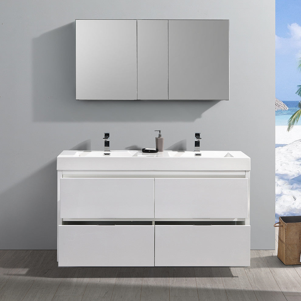 Valencia 60" Glossy White Free Standing Double Sink Vanity, Faucet FFT1040CH