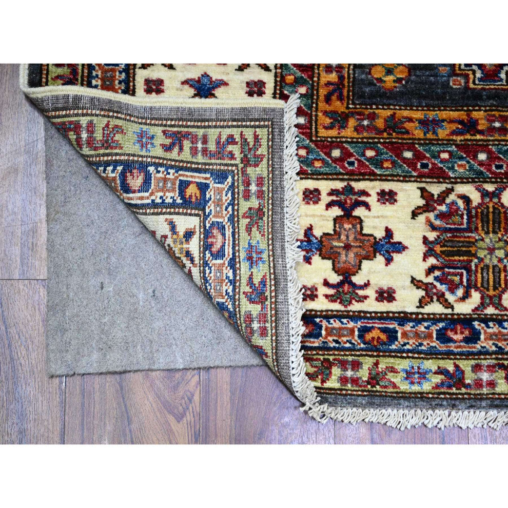 Slate Gray Afghan Kazak Geometric Medallions Wool Hand Knotted Rug, 5'9"x7'10"