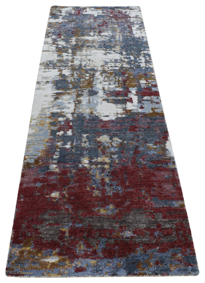 Red, Wool and Silk, Abstract Design Hand Knotted Runner Rug, 2'7"x8'1"