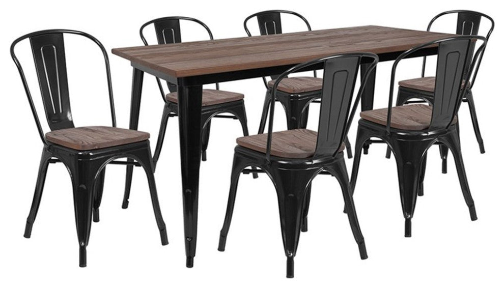 30.25" x 60" Black Metal Table Set with Wood Top and 6 Stack Chairs