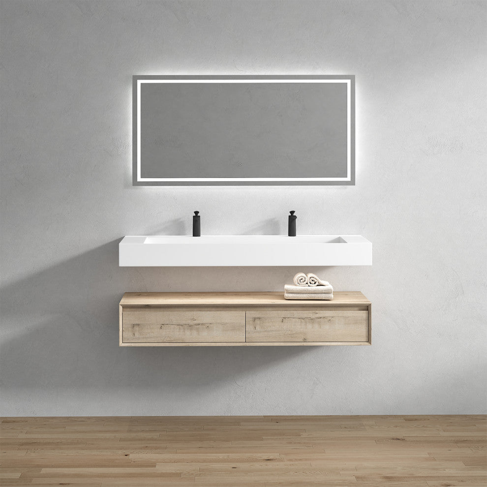 Alysa 60" Floating Bath Vanity, Acrylic Sink/Double Faucet Hole, Light Oak