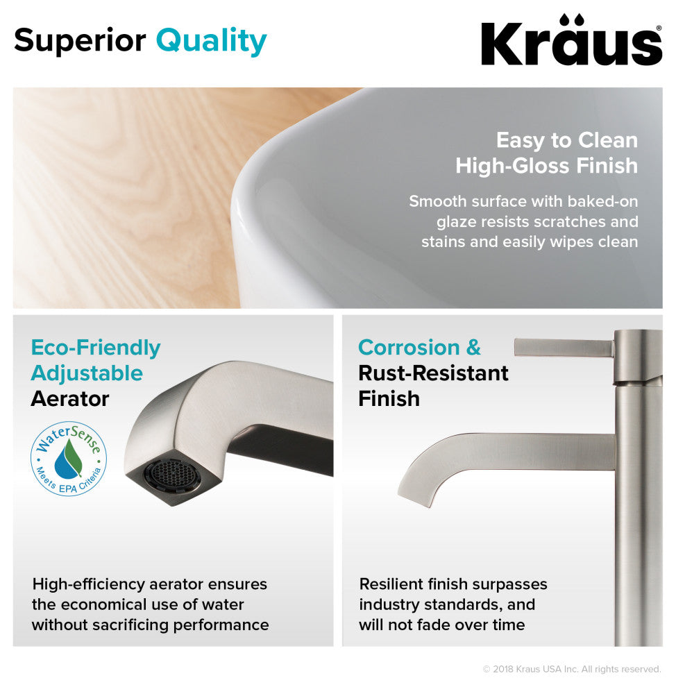 Elavo Rectangle Ceramic Vessel Sink, Bathroom Ramus Faucet, Drain, Nickel