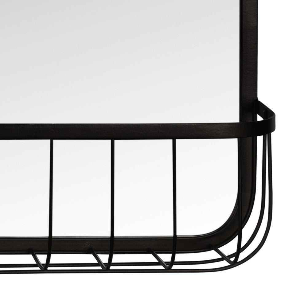 Black Modern Farmhouse Metal Wall Mirror With Basket