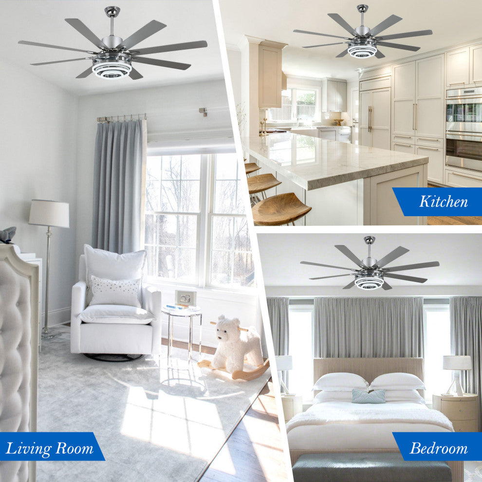 72" Modern 8 Wood Blades Large Ceiling Fan w LED Light, Chrome