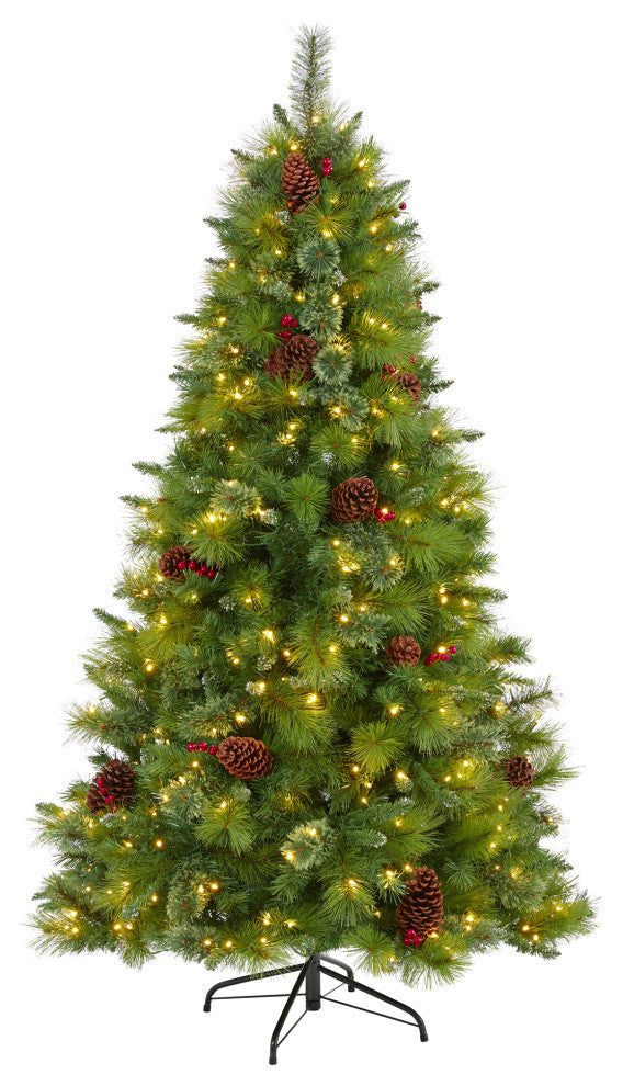6' Montana Mixed Pine Faux Xmas Tree With Pine Cones, Berries & 350 Clear Lights