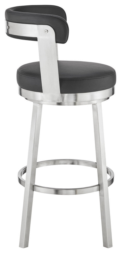 30" Chic Black Faux Leather With Stainless Steel Finish Swivel Bar Stool