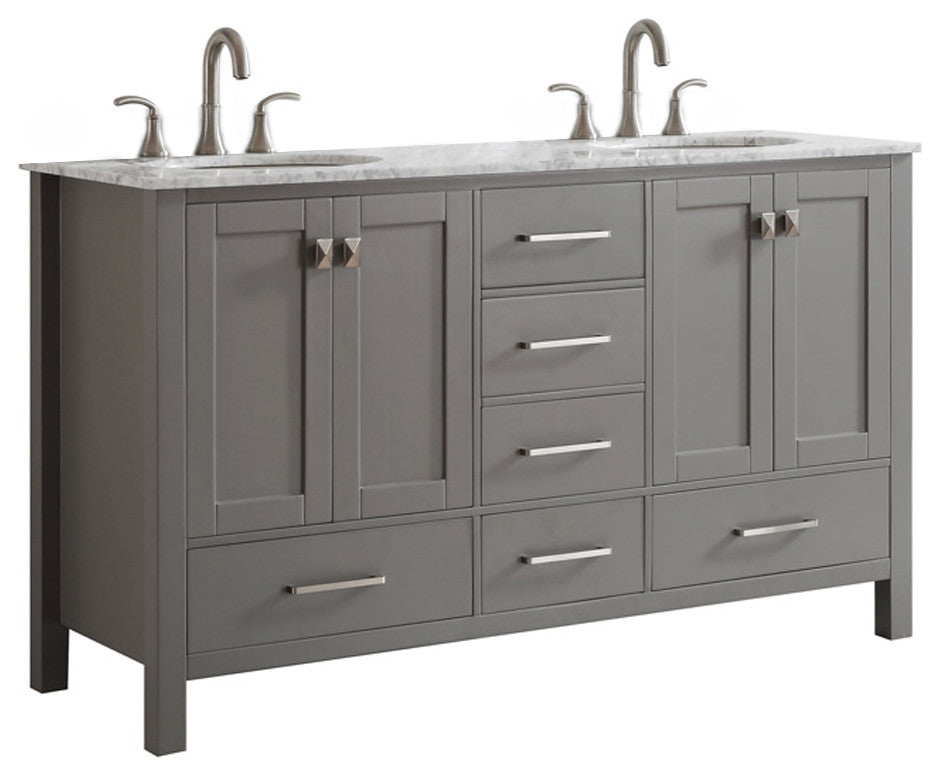 60" Double Vanity in Grey with Carrara White Marble Countertop Without Mirror