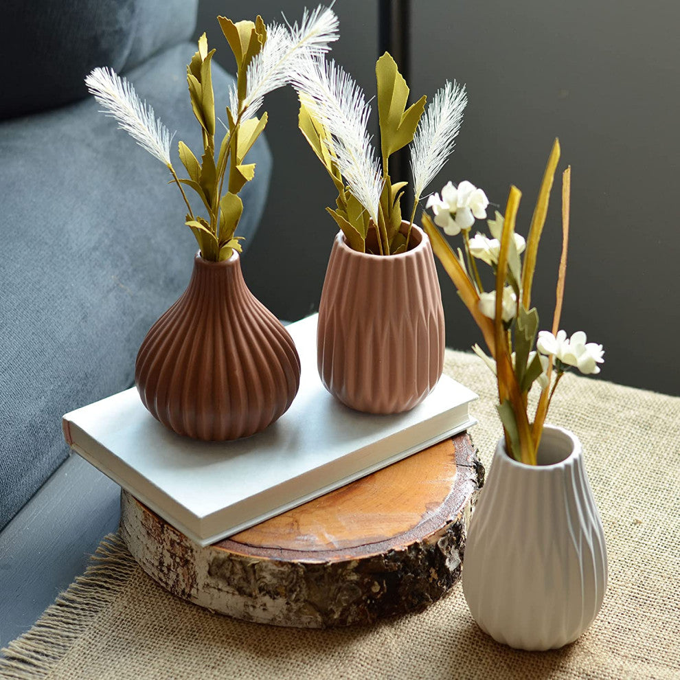 3 Piece Earthy Brown/ Tan/ White Table Vase Set, 5" Tall