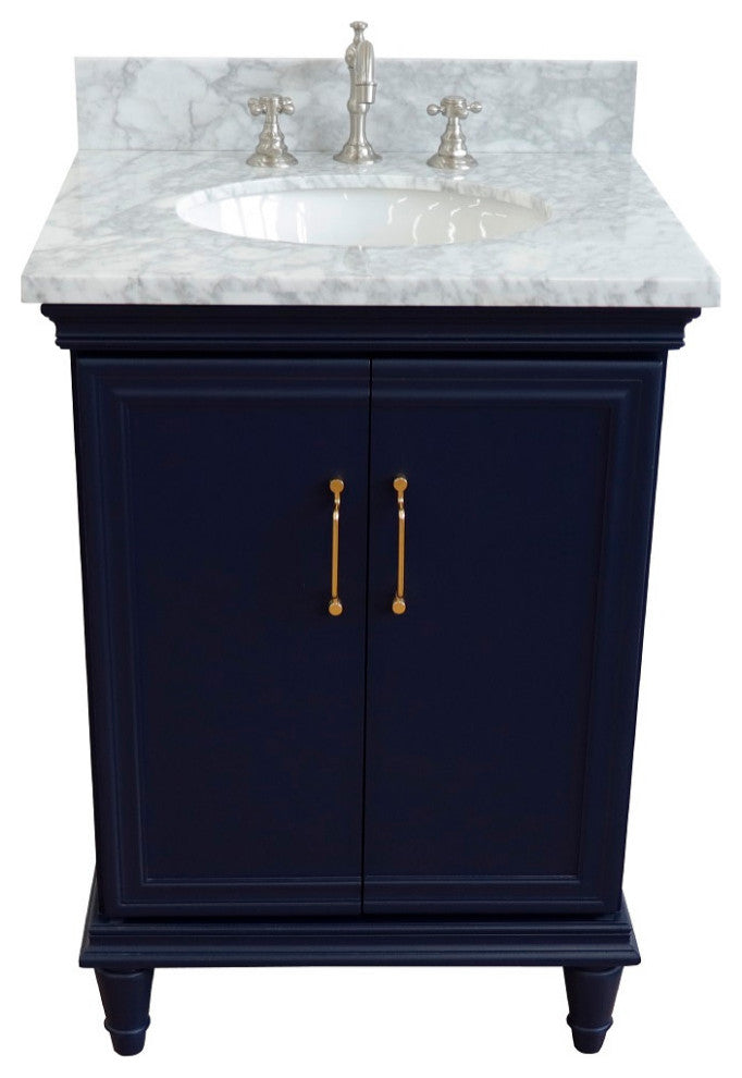 25" Single Vanity, Blue Finish With White Carrara And Oval Sink