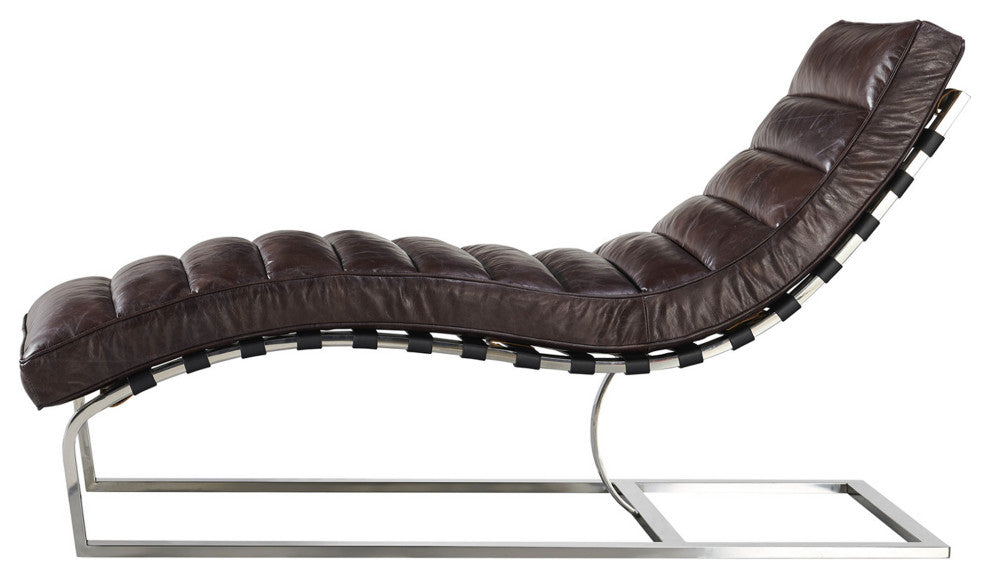 Plano Modern Channeled Leather Chaise Lounge Dark Brown Leather