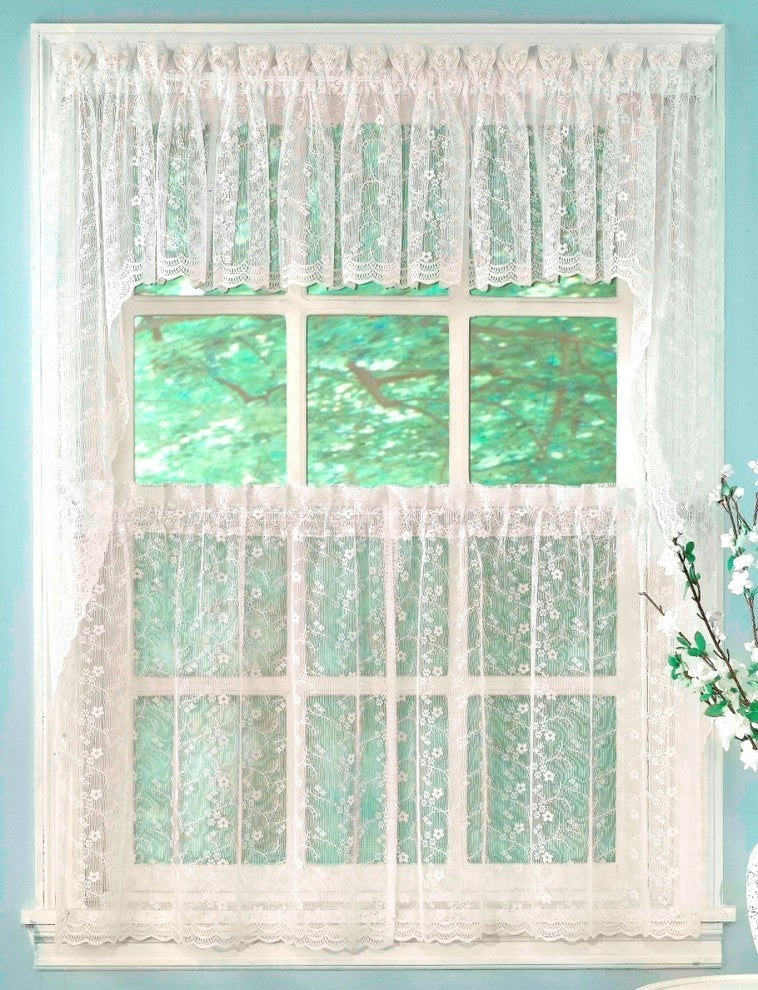 Priscilla Lace White Kitchen Curtain, Swag