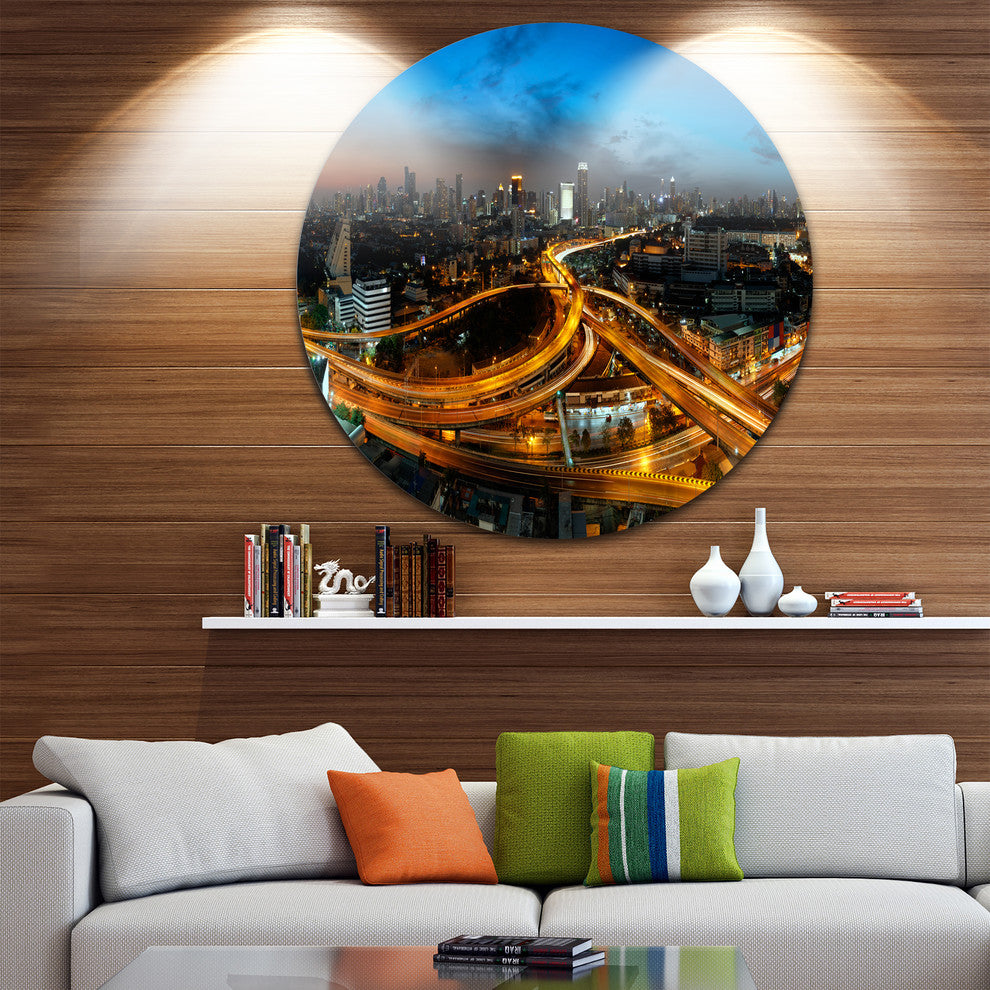 Illuminated Highway In Bangkok, Cityscape Round Metal Wall Art, 11"