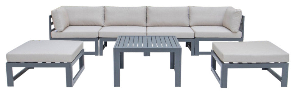 LeisureMod Chelsea 7-Piece Patio Ottoman Sectional With Coffee Table, Beige